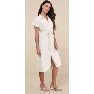 Lulus Italian Summer Beige Linen Midi Dress Womens XS Collared Belted Button Up